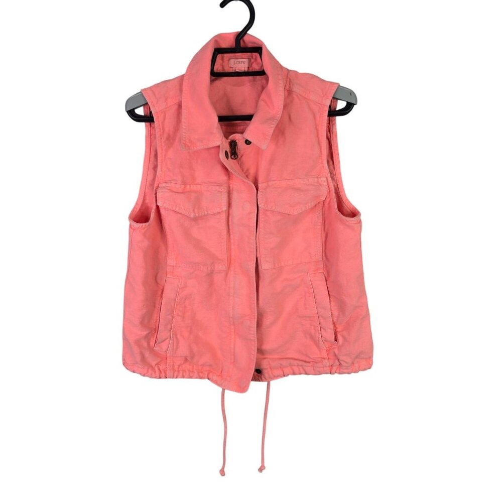 Womens J.Crew Pink Linen Blend Utility Vest Drawstring Hem Button & Zipper S